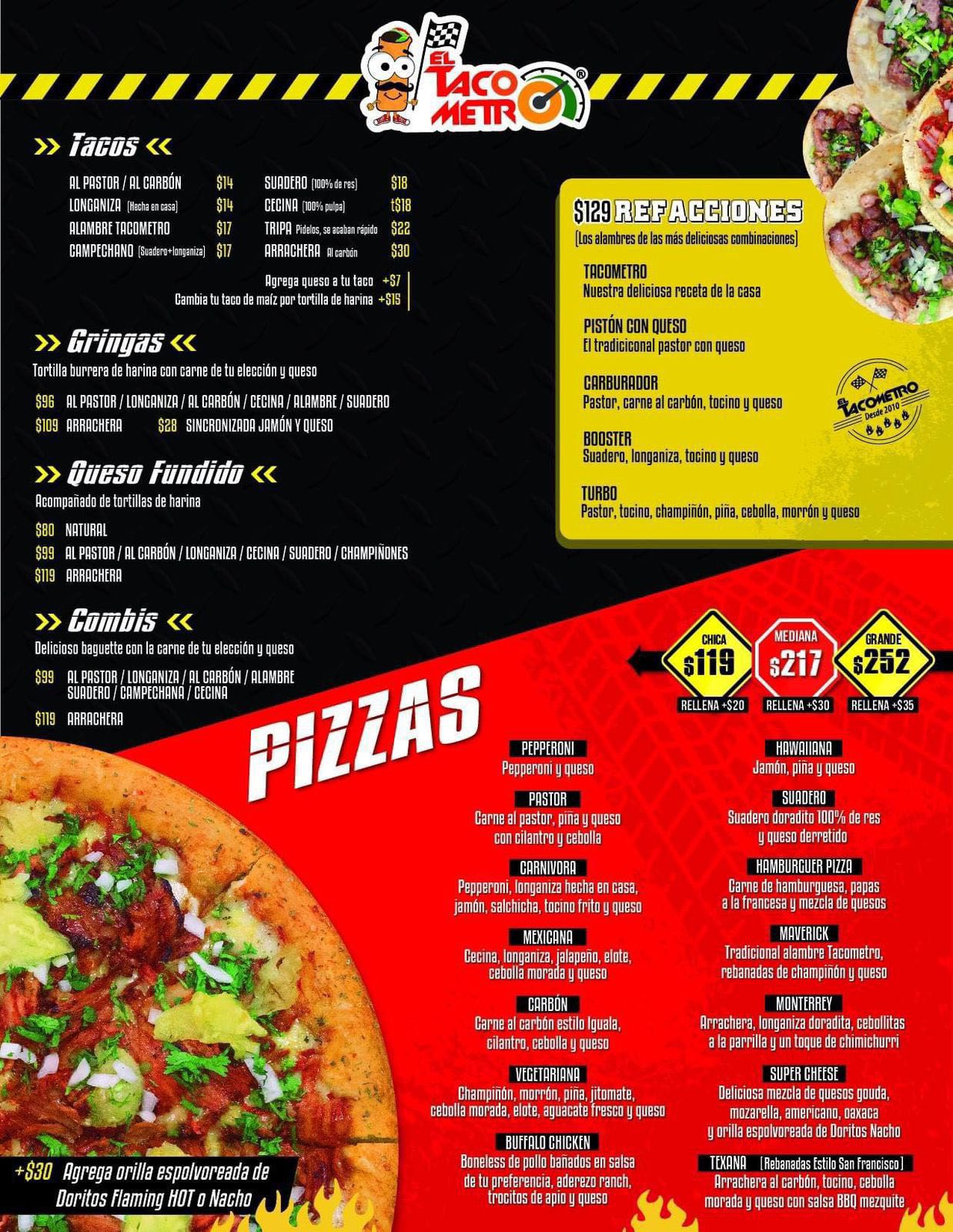 Menú de El Tacómetro: tacos, gringas, queso fundido, combis, pizzas y refacciones