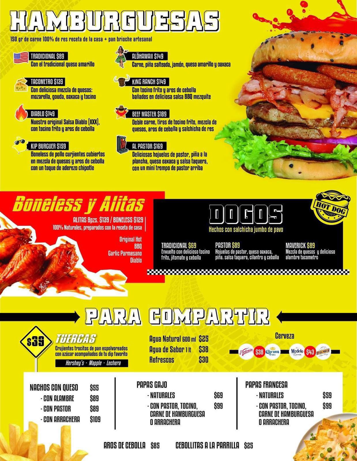 Menú de El Tacómetro: hamburguesas, boneless, alitas, dogos y bebidas