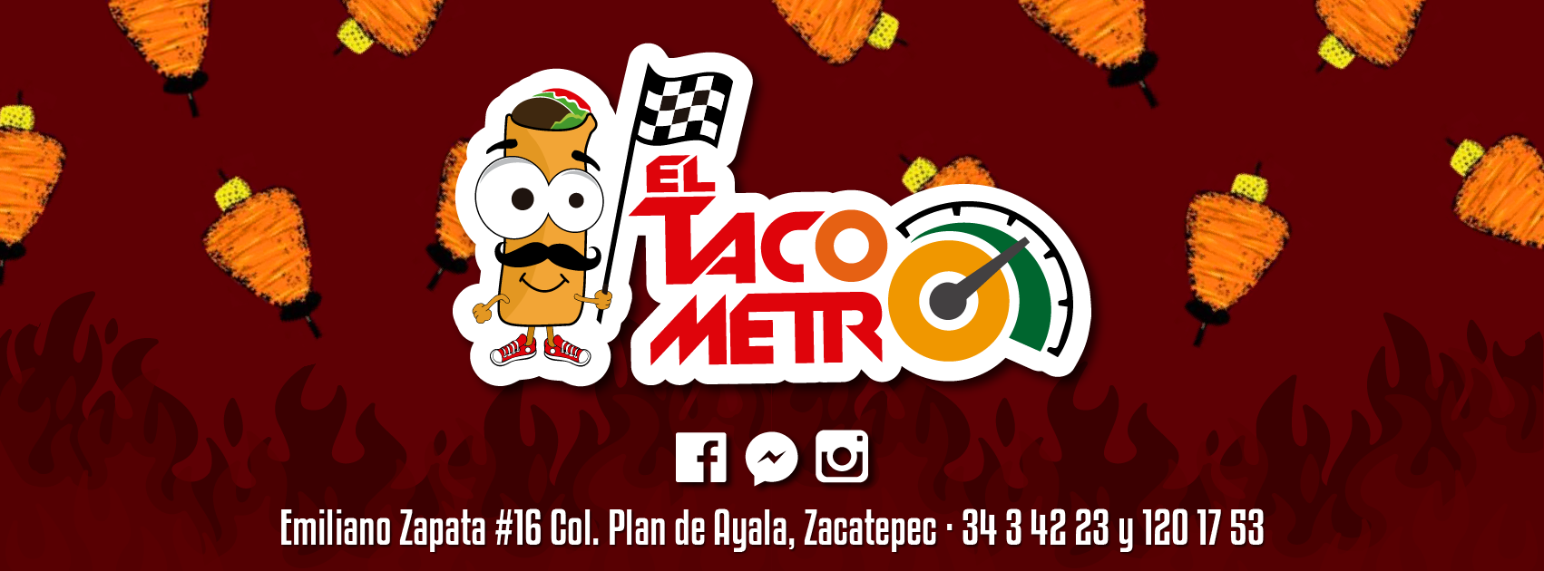 Banner de El Tacómetro con logo, redes sociales y dirección